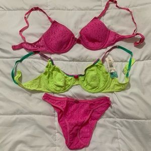 36B Hot Pink Yellow 2 Bras and Bikini Panty Set